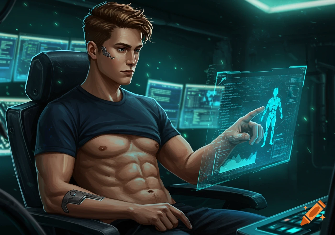 A muscular, shirtless man with a cybernetic implant on his ear sits in a futuristic control room, interacting with a holographic display showing a human figure and data.