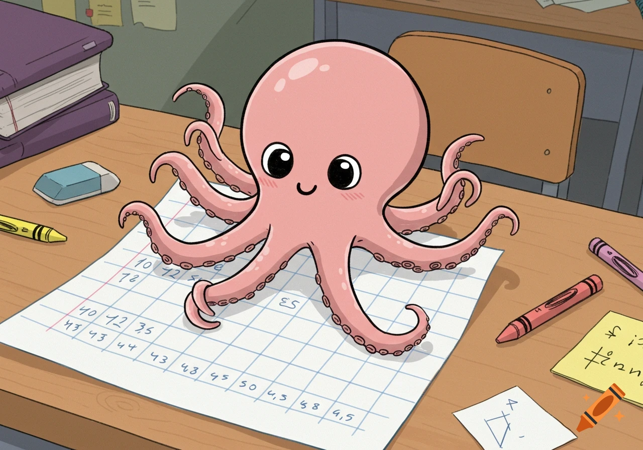A cute pink cartoon octopus sits on a school worksheet on a wooden desk with crayons and books in a classroom.