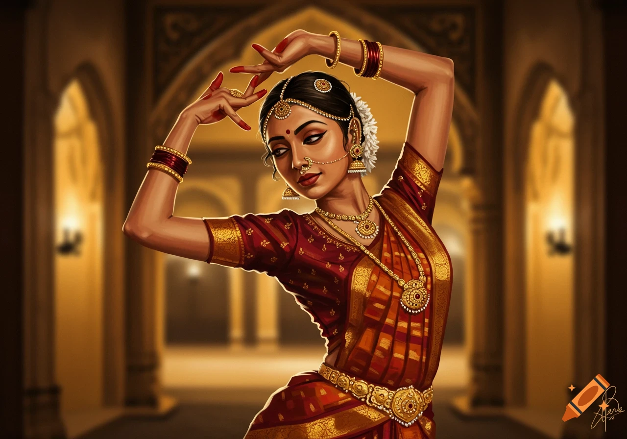 A vibrant digital painting of an Indian classical dancer in traditional attire and jewelry, striking a pose against a blurred ancient architectural background.