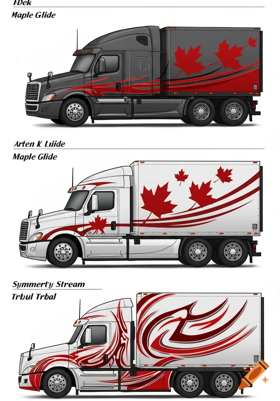 Three illustrated semi-trucks with custom red pinstripe and graphic designs, featuring maple leaves and tribal patterns.