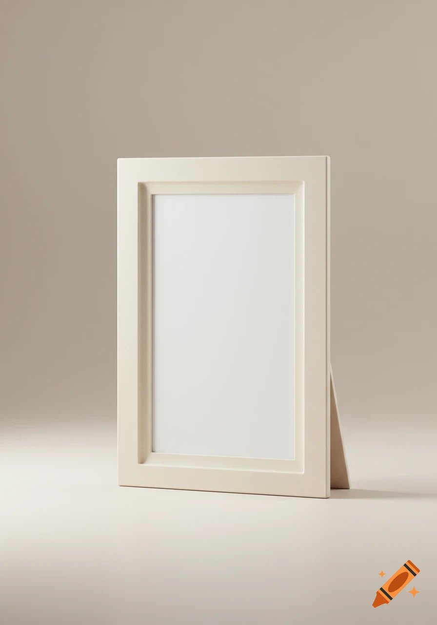 A light-colored, vertical photo frame stands against a matching beige background.