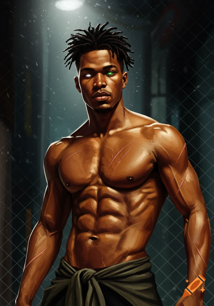 Muscular Black man with dreadlocks, one white and one green eye, and body scars, in a dark, stylized digital painting.