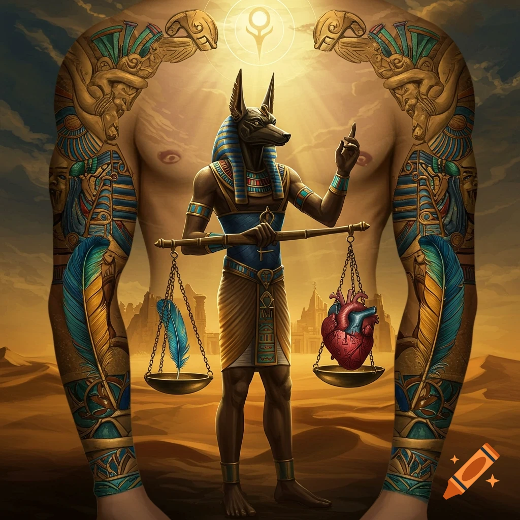 Anubis in ancient Egyptian attire holding scales with a feather and a human heart, flanked by arms with hieroglyphic tattoos in a desert setting.