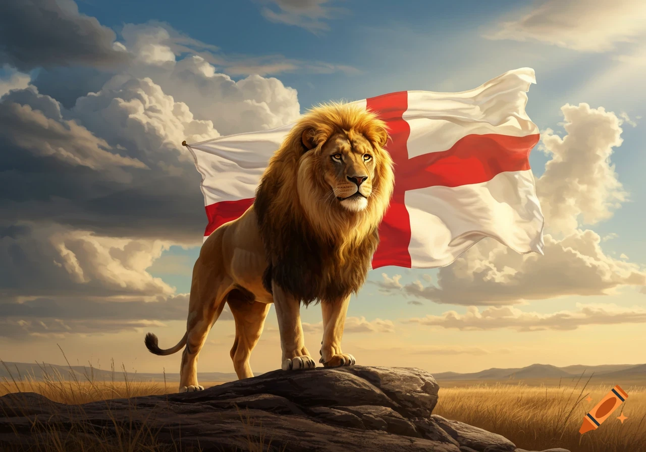 A majestic lion stands on a rock in a savanna, with an England flag waving behind it under a dramatic cloudy sky.