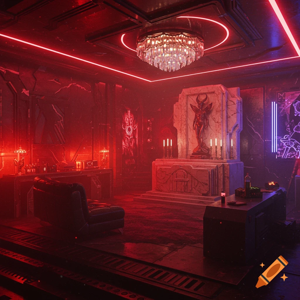 A dark cyberpunk mancave with red and purple neon lights, featuring a succubus statue on an altar, a crystal chandelier, and a lounge chair.