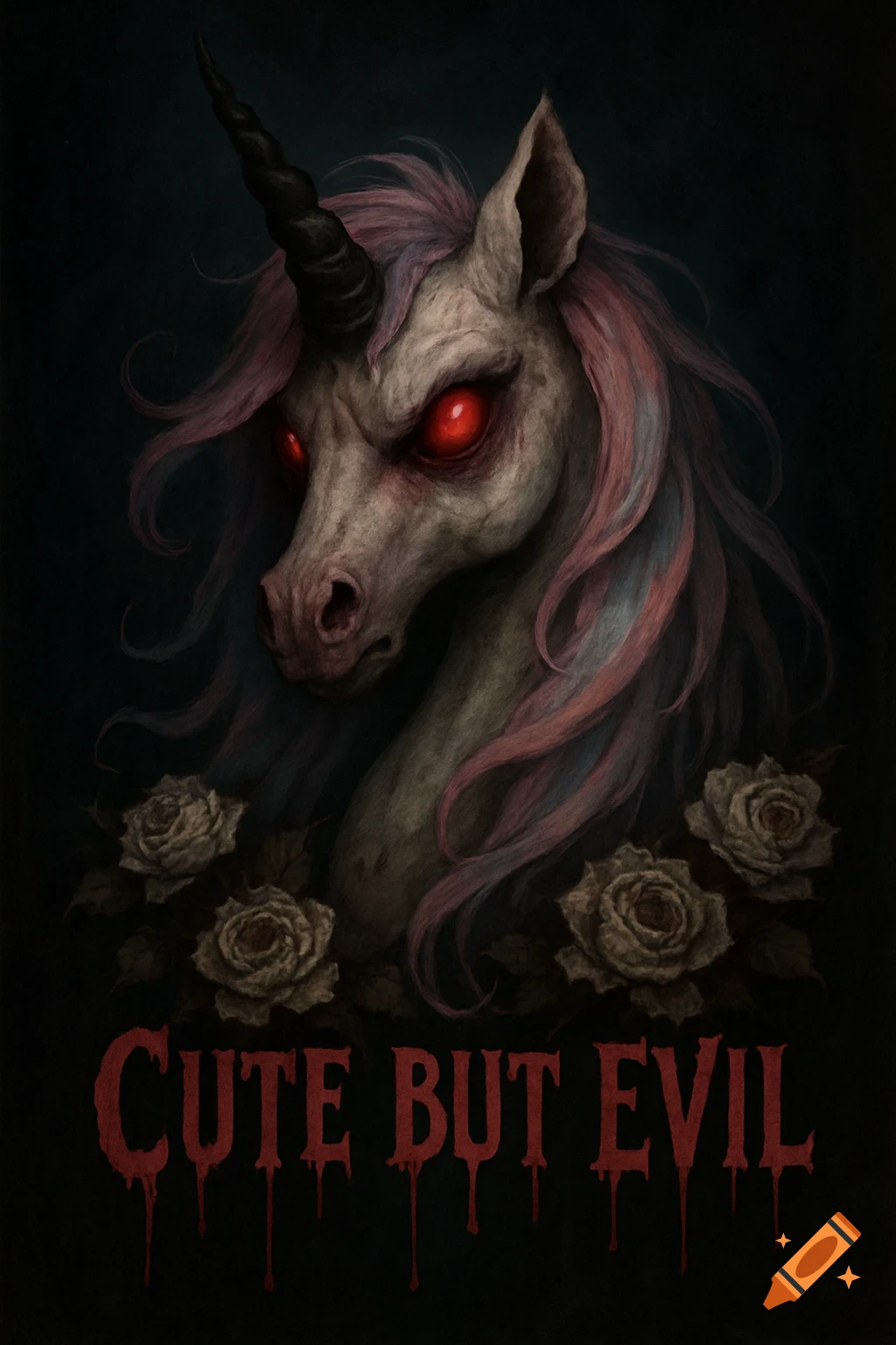 Gothic style unicorn head with red eyes, black horn, and pink-blue mane, surrounded by decaying roses. Text reads 'Cute But Evil'.