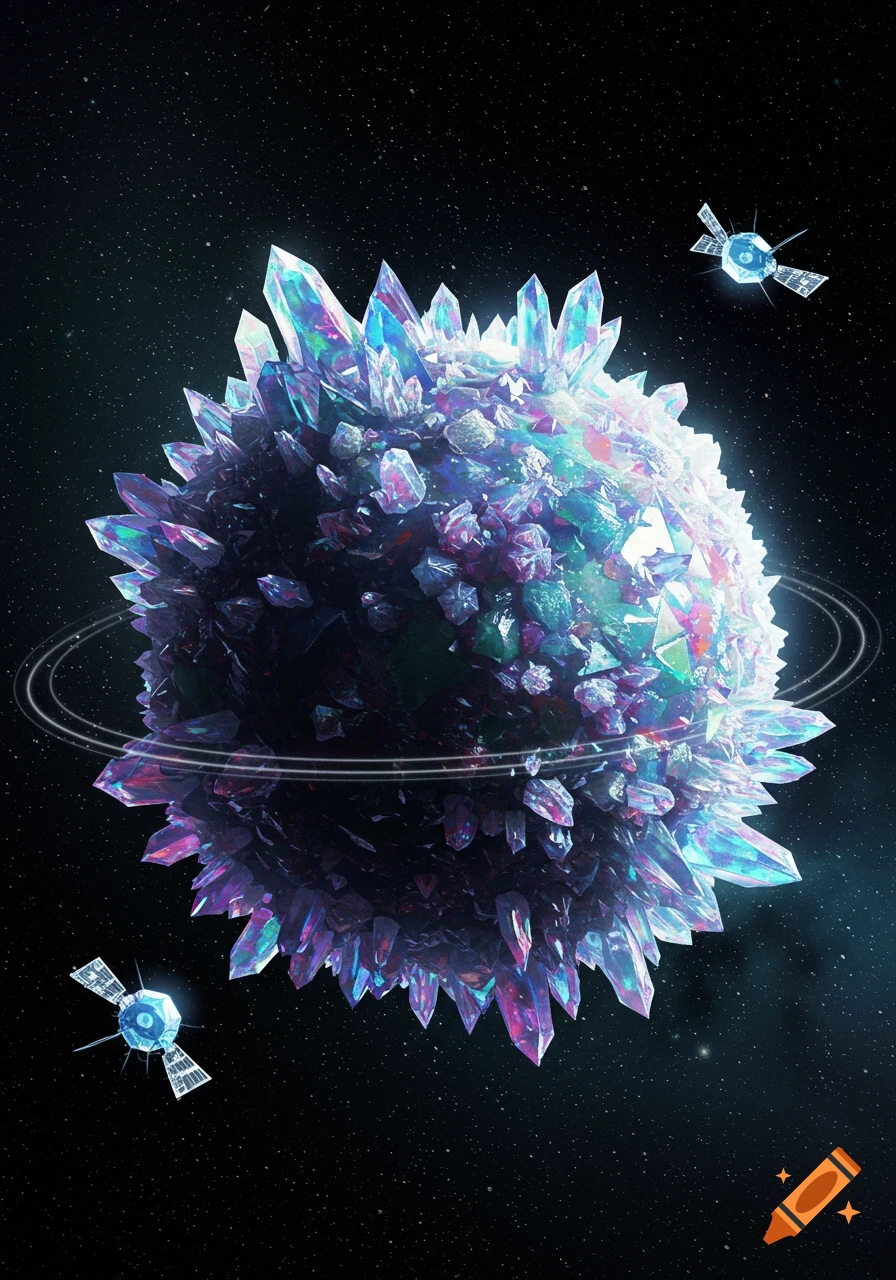 A vibrant planet covered in blue and purple crystals with two small satellites orbiting in deep space.