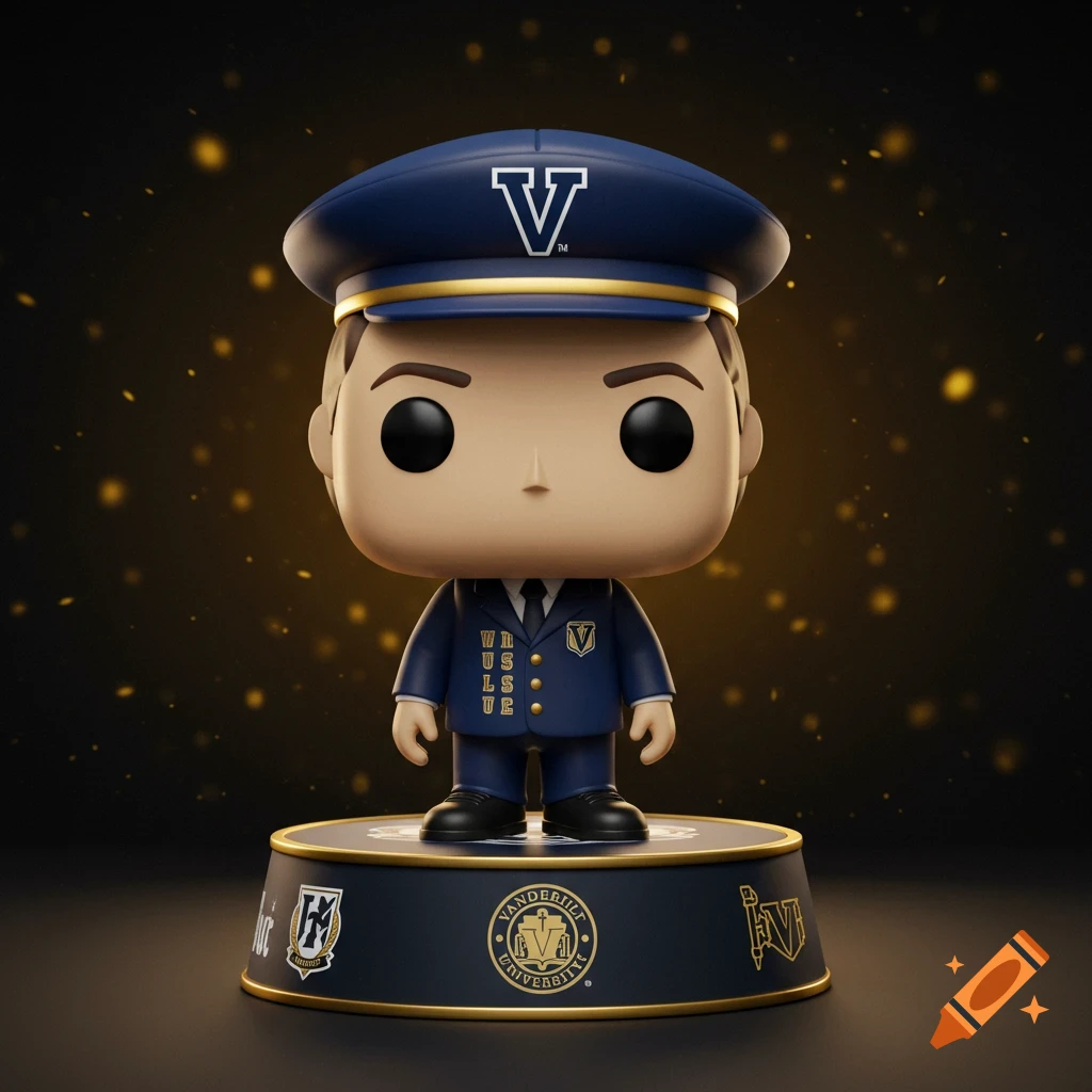 Vanderbilt University Funko Pop figure in a blue uniform and cap, standing on a branded base with glowing specks in the background.
