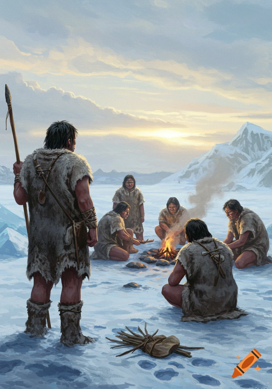 A realistic illustration of Ice Age humans in fur clothing around a campfire in a snowy, mountainous landscape at sunset.