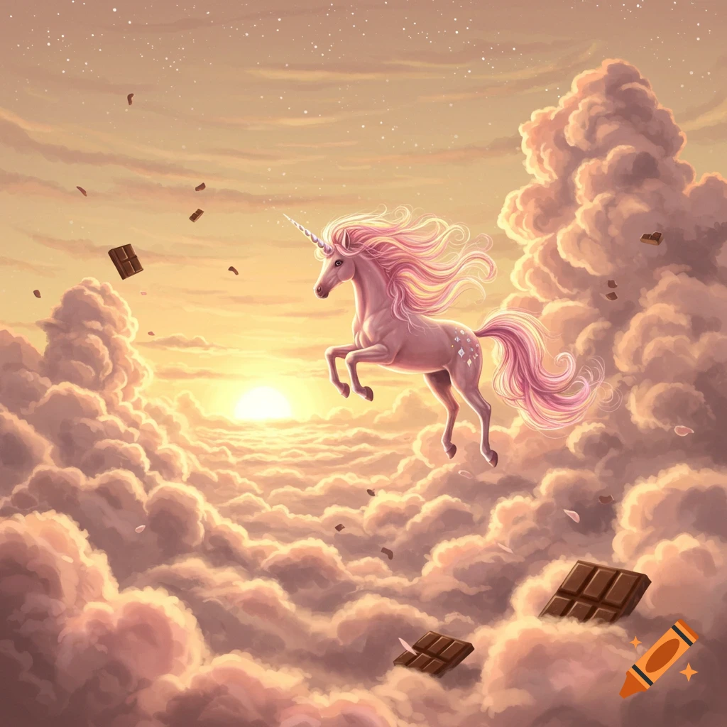 A pink unicorn with a flowing mane and tail flies through a pastel sunset sky filled with fluffy clouds and scattered chocolate bars.