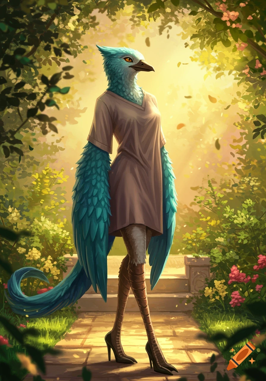 An anthropomorphic bird with blue-green feathers, wearing a casual dress and high heels, stands on a path in a lush, sunlit fantasy forest.