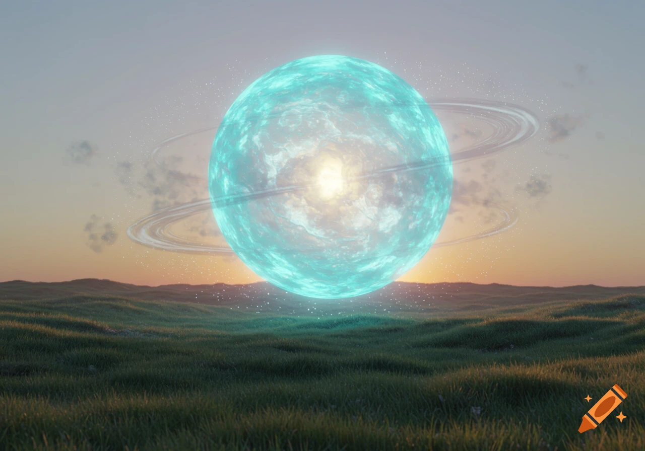 A glowing turquoise sphere with faint rings hovers above rolling green hills under an orange and blue sunset sky.