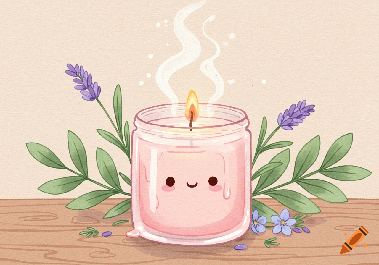 Cute watercolor illustration of a pink, anthropomorphic candle with a lit flame, surrounded by lavender and green leaves on a wooden table.