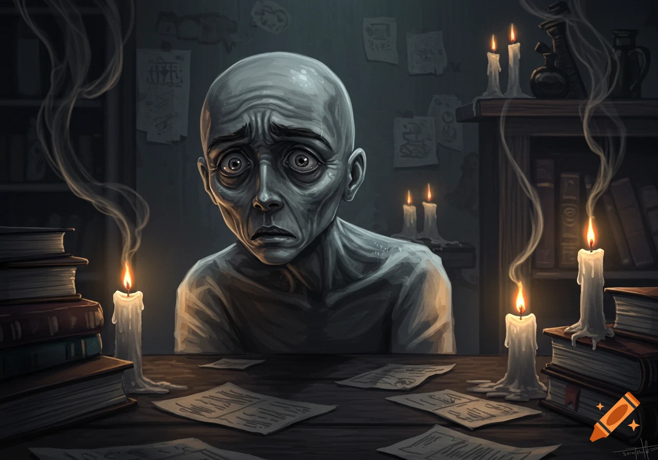 A stylized, dark illustration of a bald, gaunt person with a worried expression sitting at a candlelit table with books and papers.