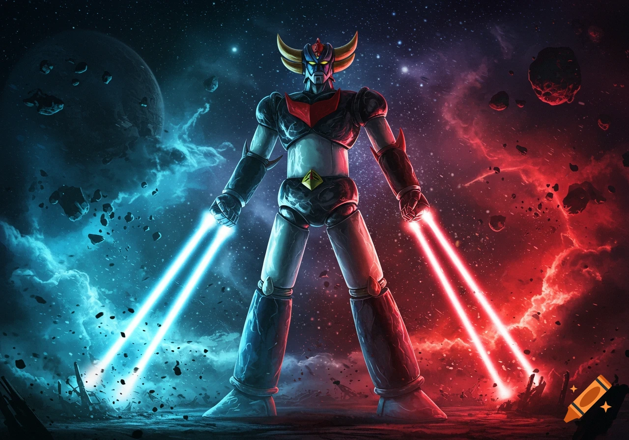 A powerful anime mecha, resembling Goldorak, stands in space, wielding blue and red energy weapons against a cosmic backdrop.