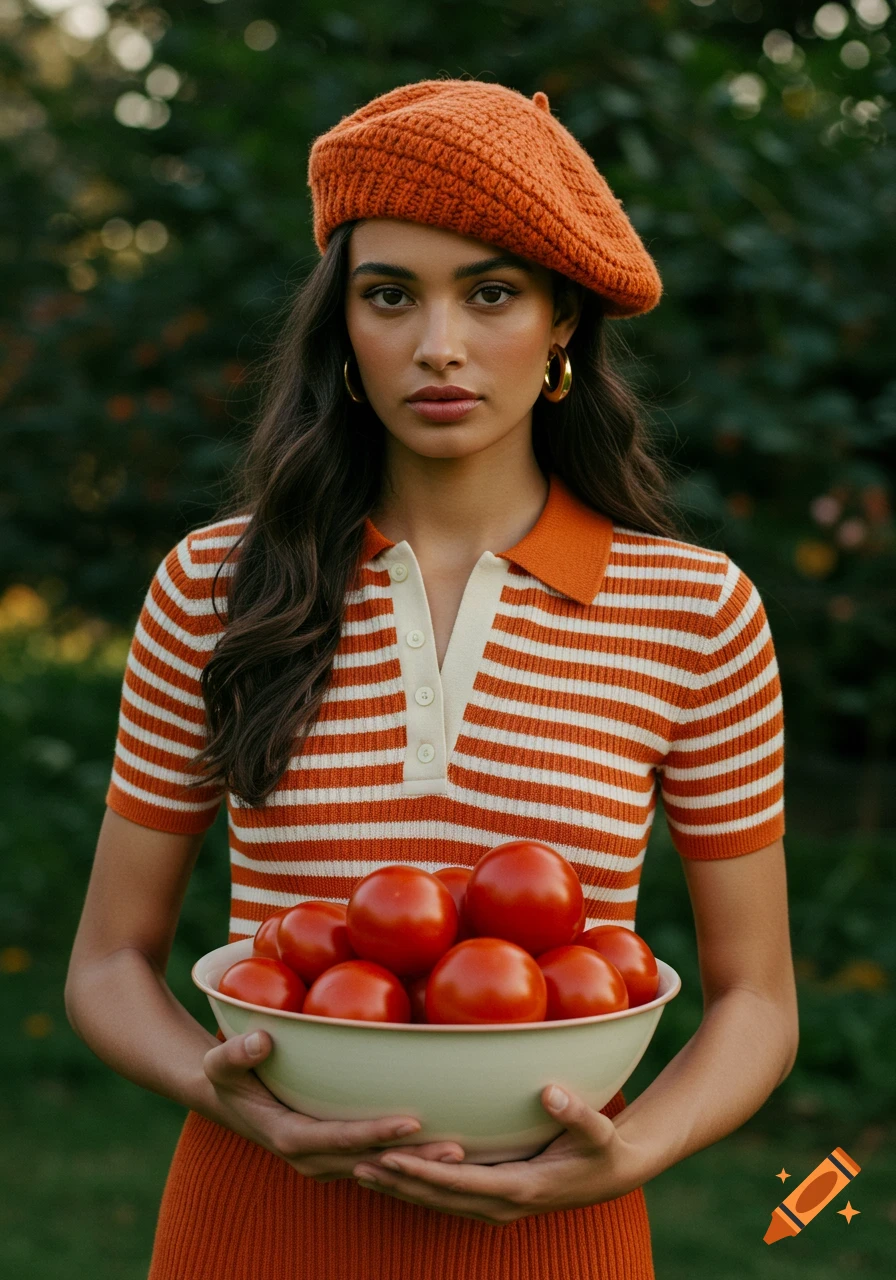 Young woman in an orange beret and striped polo shirt holds a bowl of red tomatoes in a garden, photorealistic style.