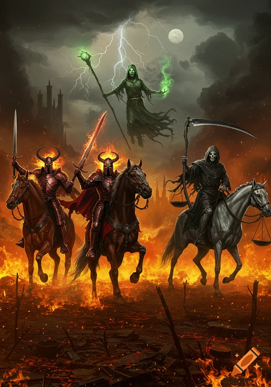 The Four Horsemen, featuring two armored knights, Death, and a floating green witch, ride through a fiery apocalyptic landscape under a stormy, moonlit sky with a distant castle. Dark fantasy style.