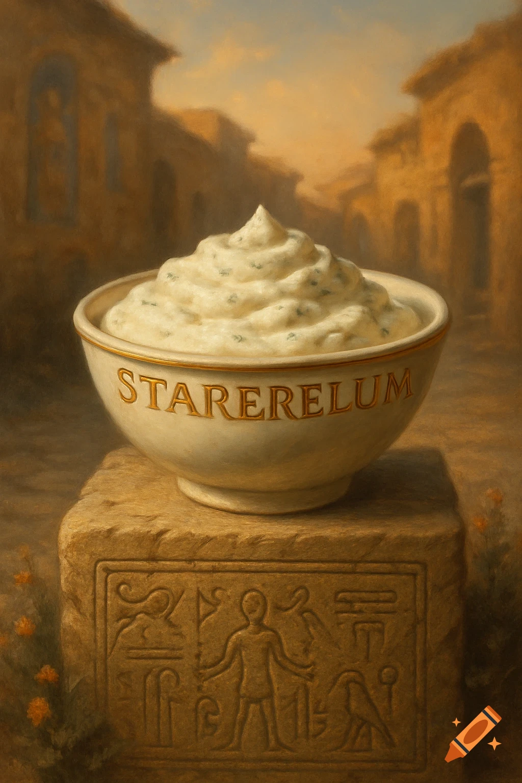 A bowl of creamy dip labeled "STARERELUM" rests on an ancient carved stone block, set against a blurred ancient city backdrop.
