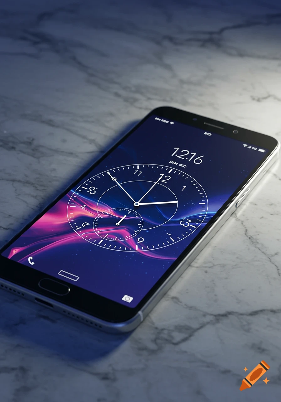 Photorealistic dark smartphone with a clock and abstract colorful background on its screen, lying on a marble surface.