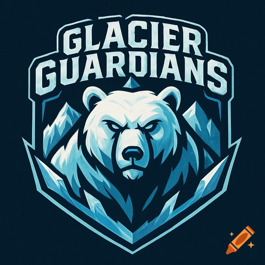A stylized blue and white logo featuring a fierce polar bear, ice shards, and mountains, with 'GLACIER GUARDIANS' text.
