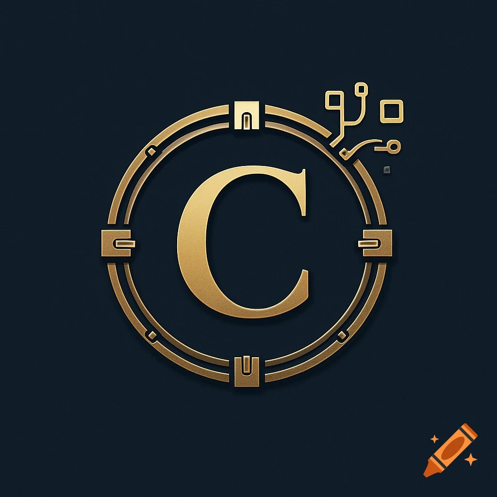 Golden letter 'C' logo within an ornate circular frame with circuit elements on a dark blue background.