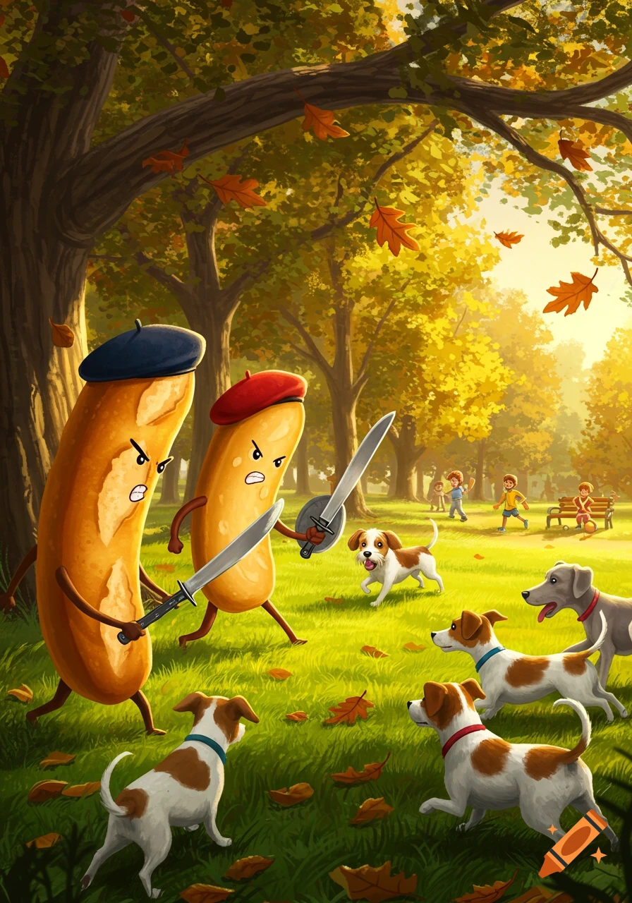 Cartoon illustration of two angry baguettes with berets and swords confronting a pack of dogs in an autumn park.