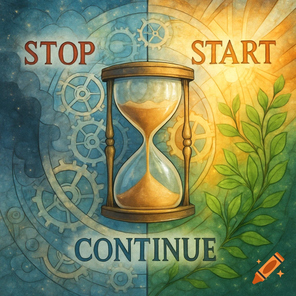 An hourglass illustration, splitting a blue, starry, gear-filled night with 'STOP' and 'CONTINUE' from a sunny, leaf-filled day with 'START'.