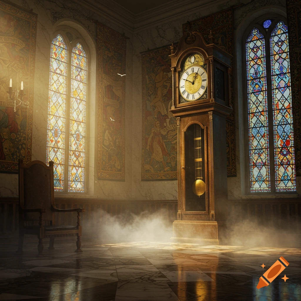 A dimly lit grand hall with a tall grandfather clock, an ornate wooden chair, and two large stained-glass windows bathing the room in golden light and mist.