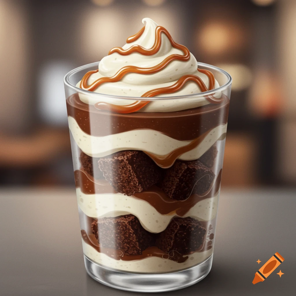 A layered dessert in a glass with white cream, brownie pieces, chocolate sauce, and caramel drizzle, topped with whipped cream and more caramel.
