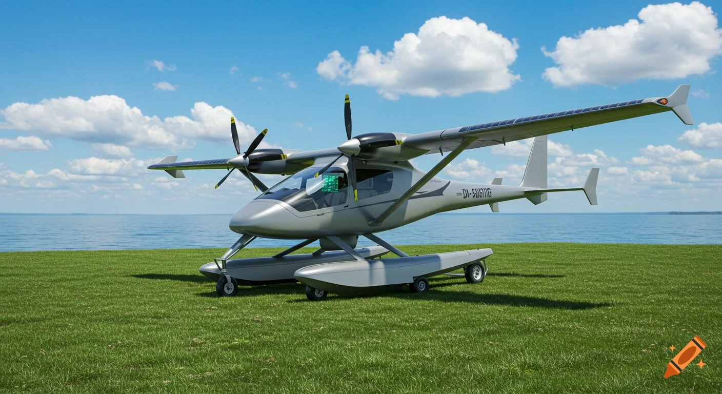 A sleek, silver futuristic amphibious aircraft with solar panel wings sits on green grass by a lake under a blue sky with clouds.