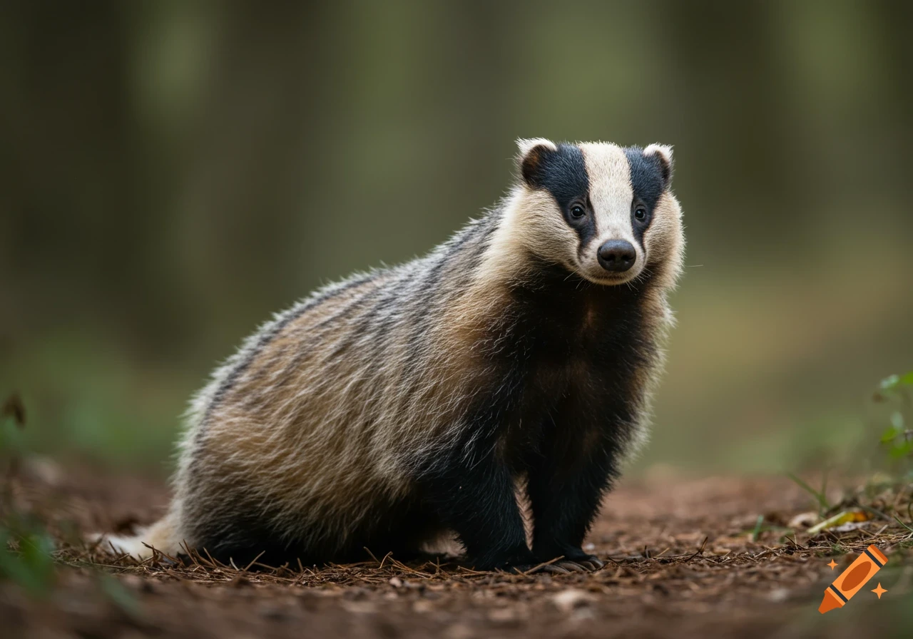 A photorealistic wildlife photo of a European badger standing on forest ground, looking forward.