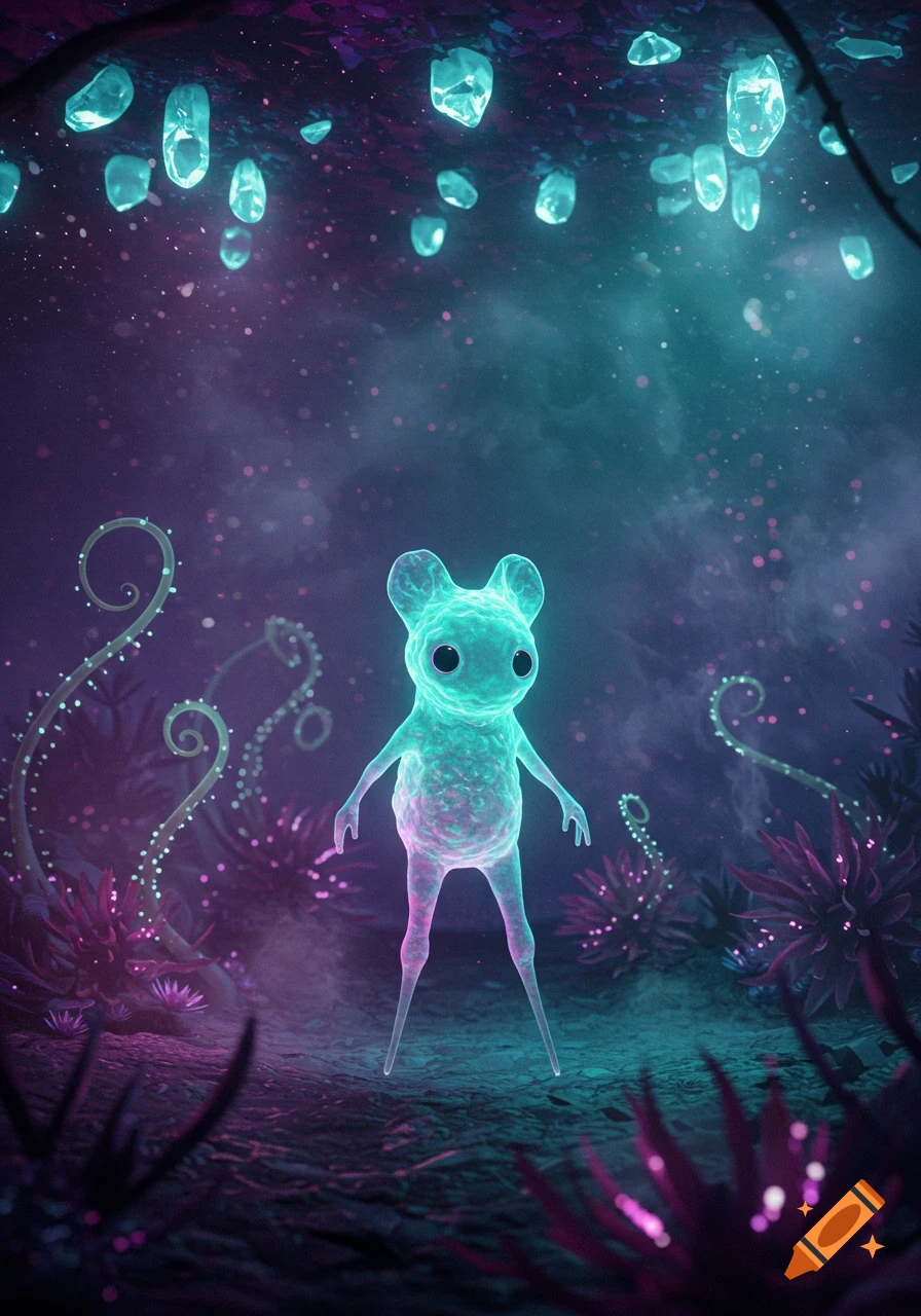 A bioluminescent teal alien creature with large black eyes stands in a dark, ethereal forest with glowing purple and teal flora and floating crystals.