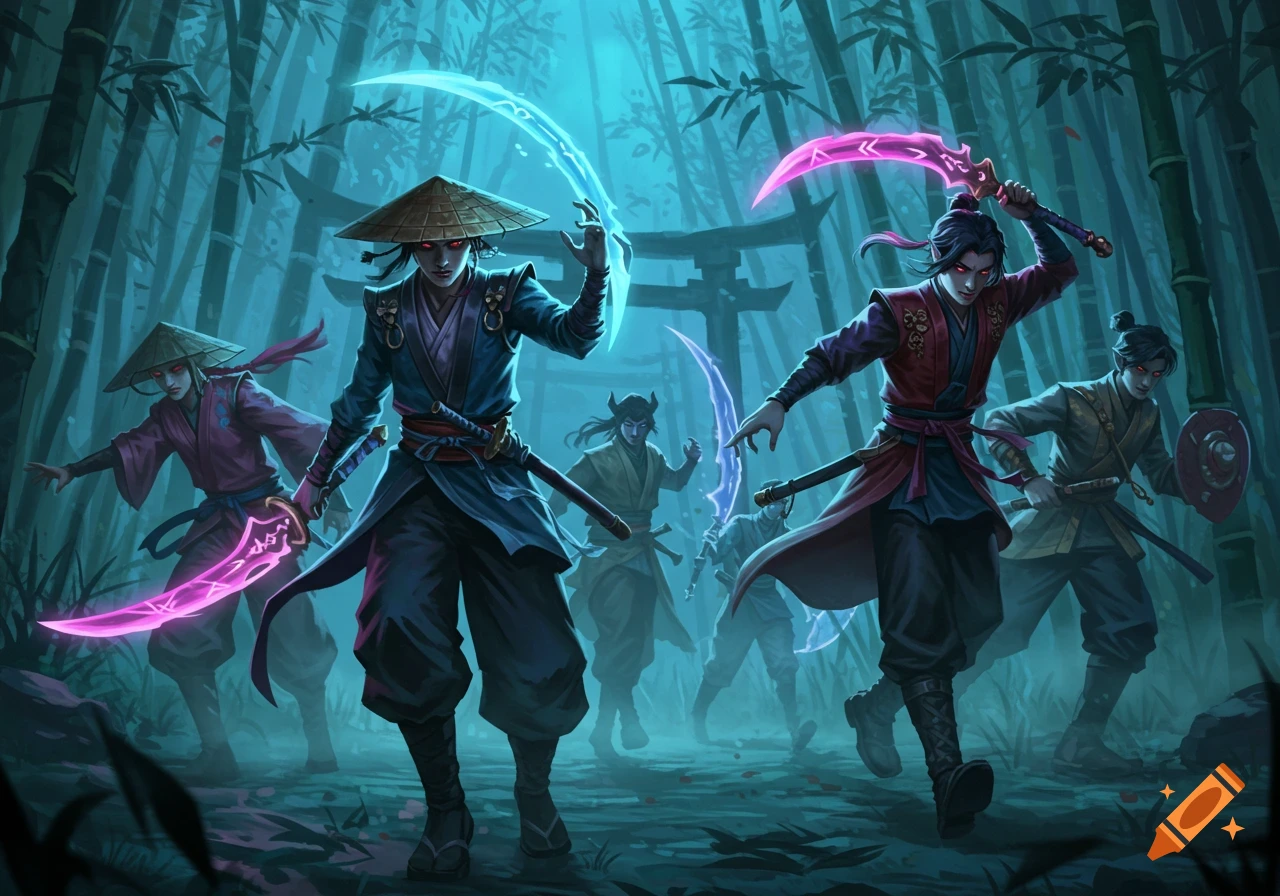 A group of demon hunters with glowing swords and red eyes stand in a dark, misty bamboo forest with torii gates, digital art.