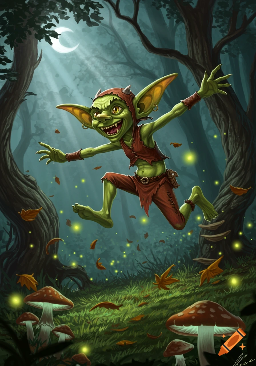 A cheerful green goblin with a wide smile jumps through a moonlit, mystical forest with glowing mushrooms and falling leaves.