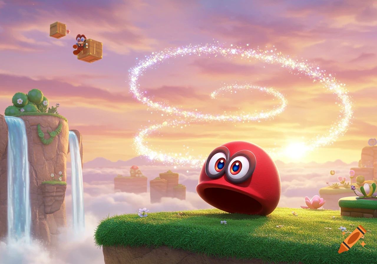 Cappy, a monkey on crates, and waterfalls in a vibrant Super Mario Odyssey fantasy landscape with sparkling trails.