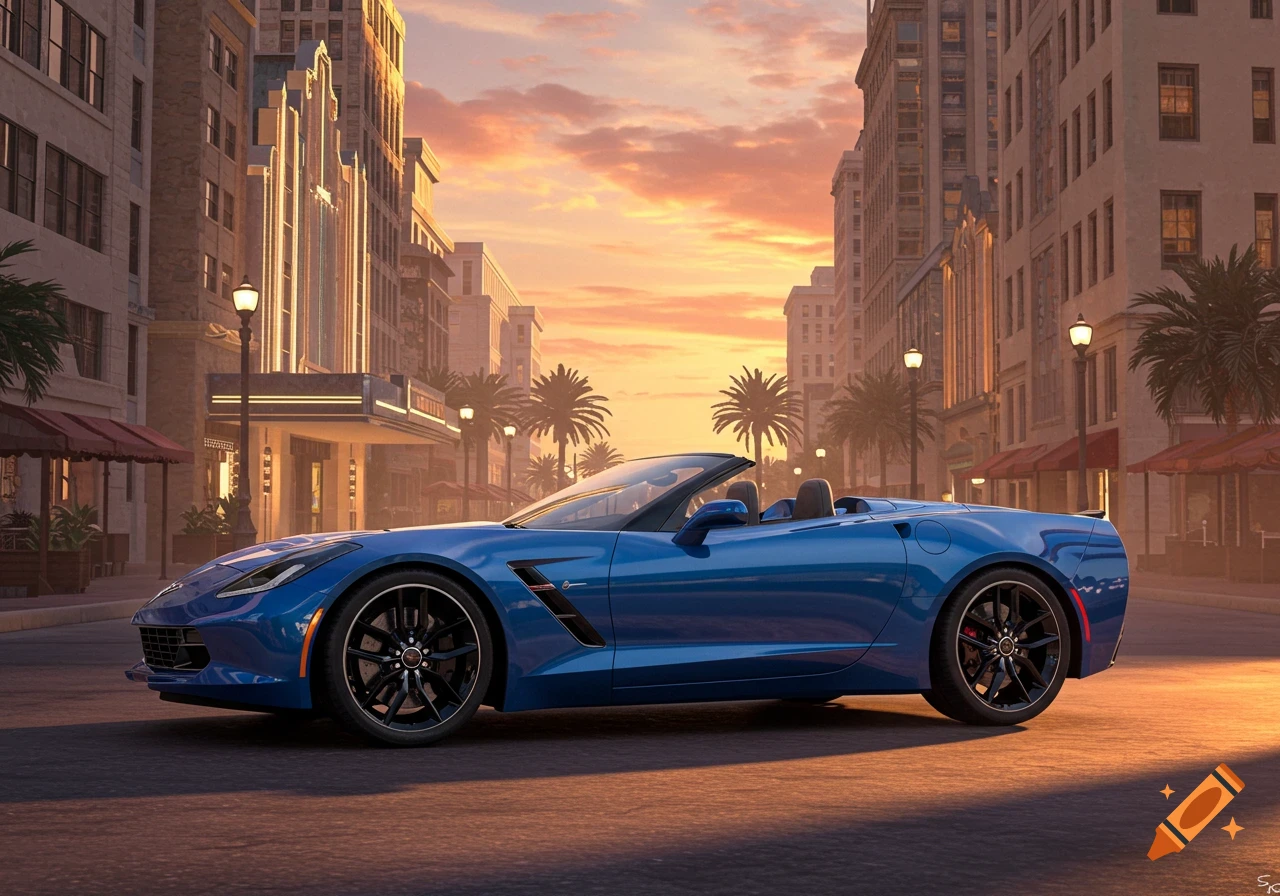 A blue Corvette C7 convertible with black wheels parked on an urban street with Art Deco buildings and palm trees at sunset.