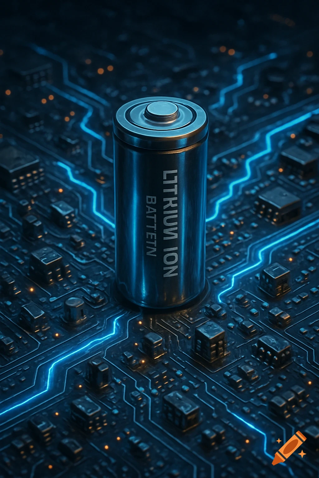 A close-up, photorealistic shot of a metallic lithium-ion battery standing upright on a glowing blue electronic circuit board.