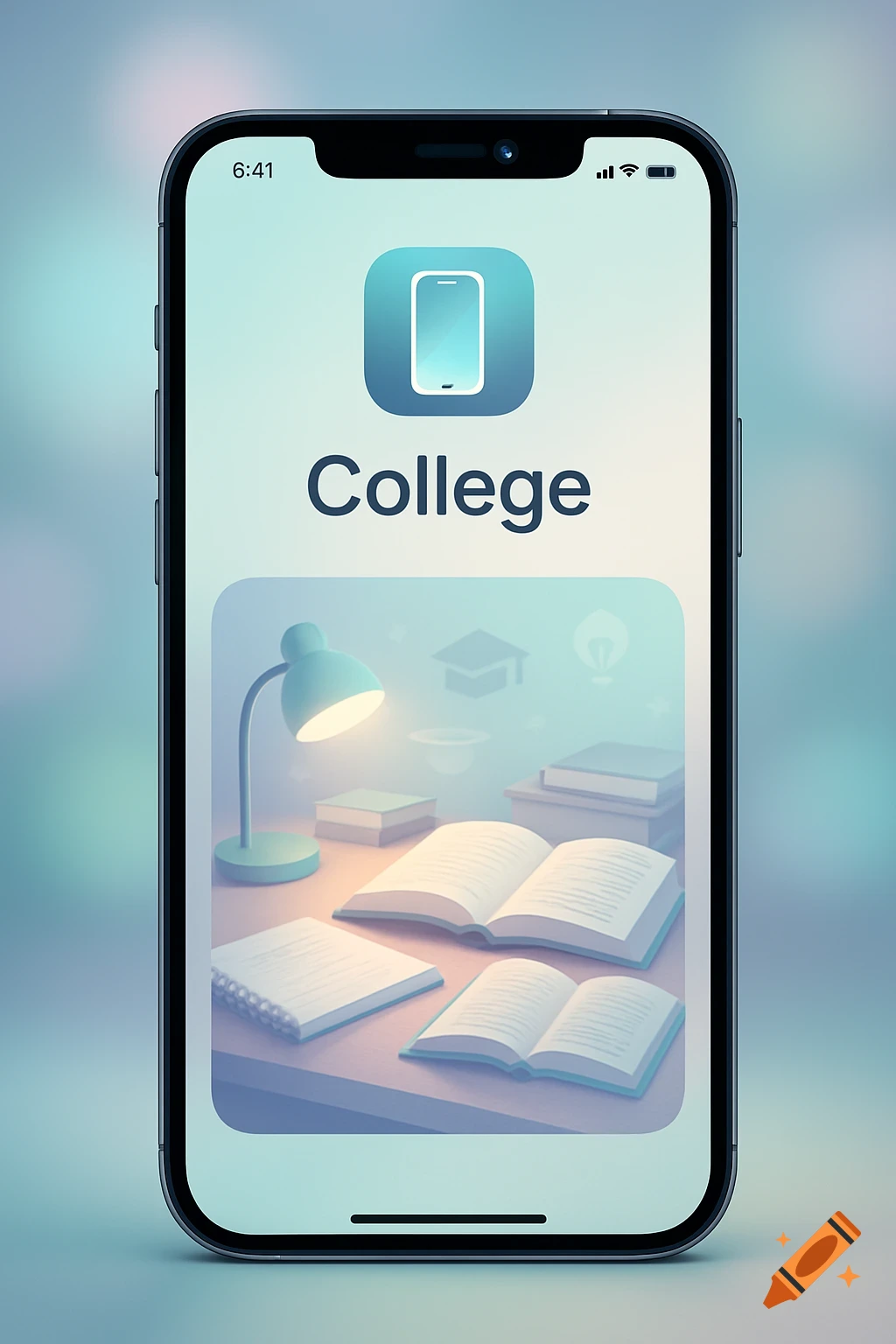A smartphone displaying a 'College' app icon above a digital illustration of a study desk with open books and a glowing lamp.