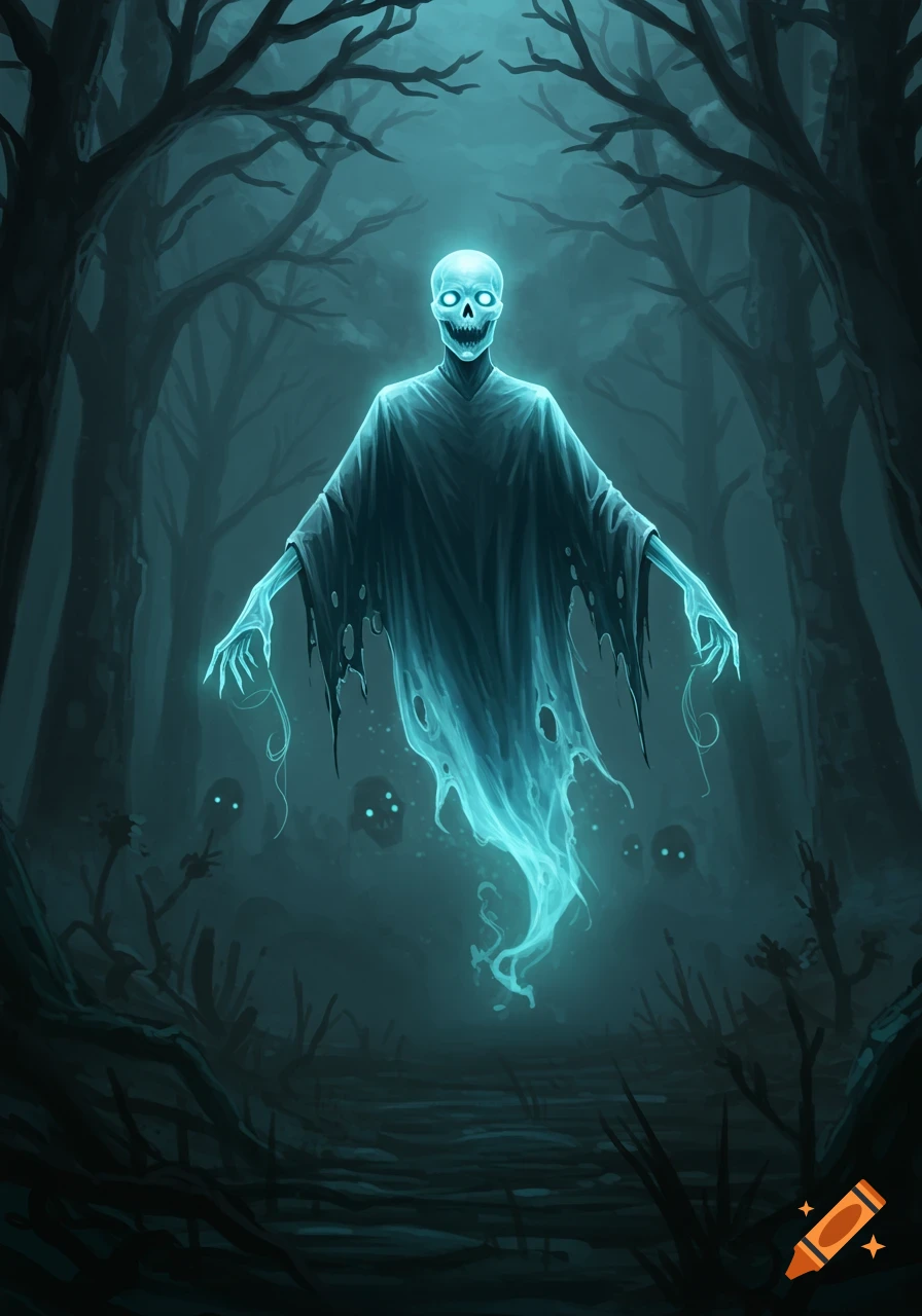 An eerie, glowing blue ghost with a skull face and tattered cloak floats in a dark, misty forest, surrounded by shadowy figures.