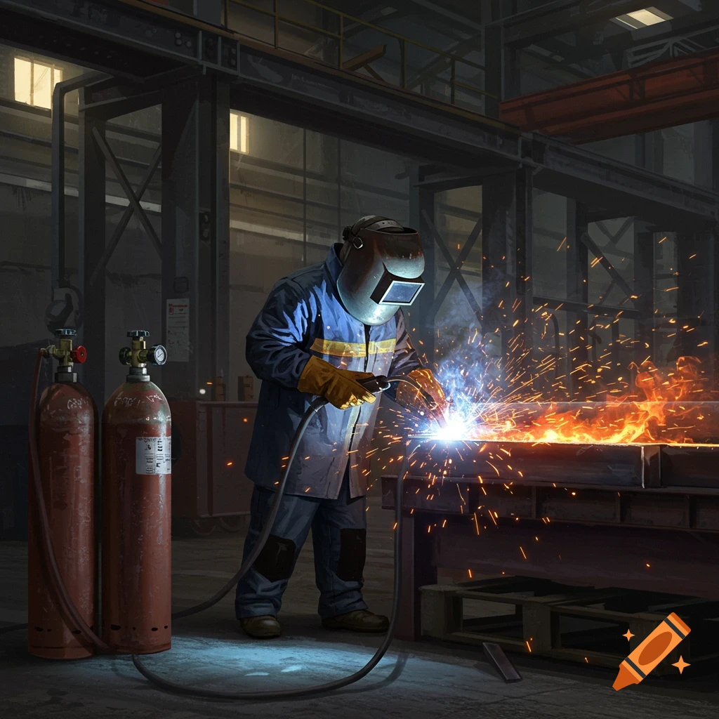 A welder in protective gear performs hot work, generating bright sparks and flames, with two compressed gas cylinders nearby in a factory setting.