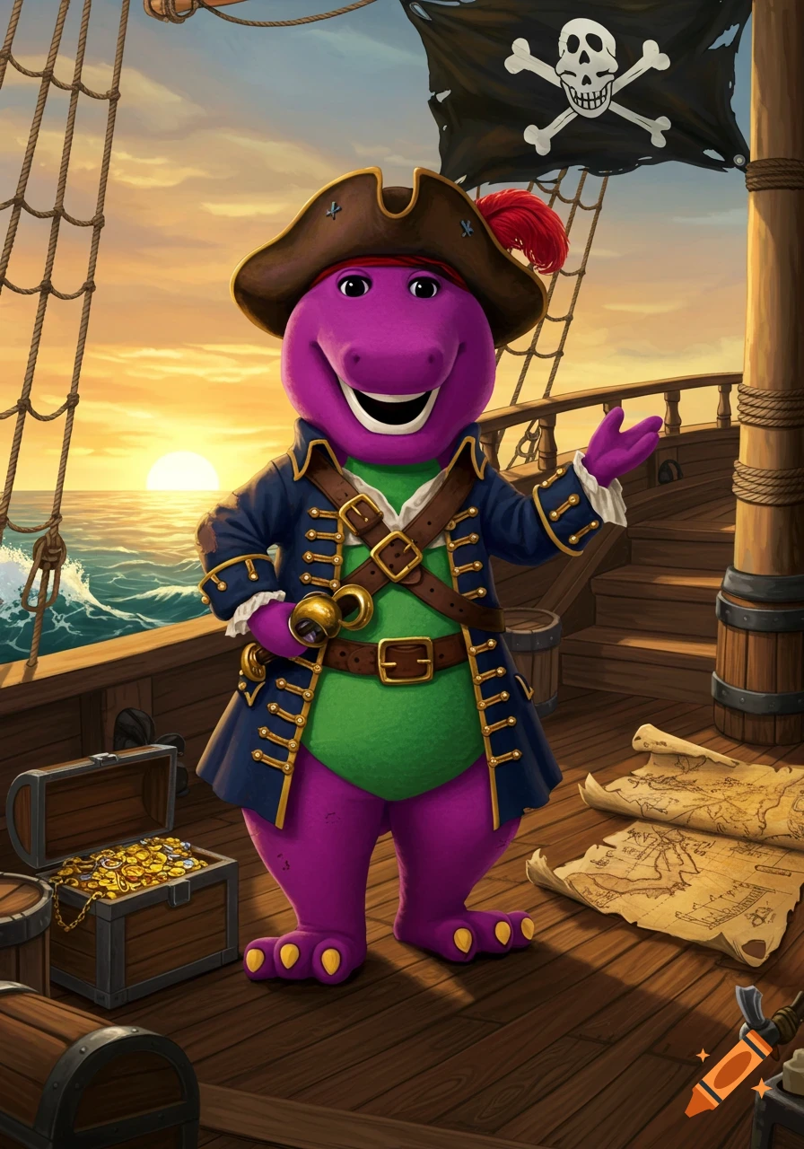 Barney the purple dinosaur dressed as a pirate, standing on a wooden ship deck with a treasure chest and maps at sunset.