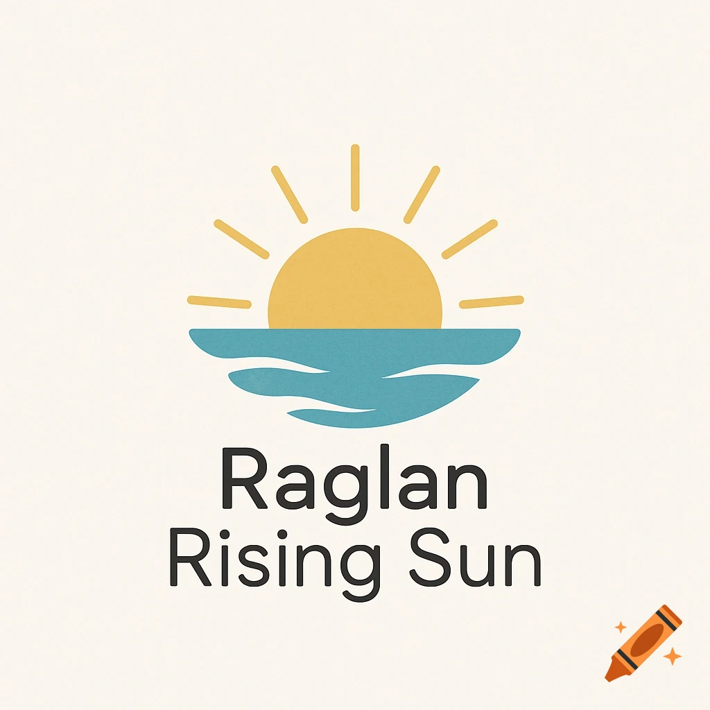 Minimalist logo featuring a golden rising sun over blue ocean waves, with the text "Raglan Rising Sun" below.