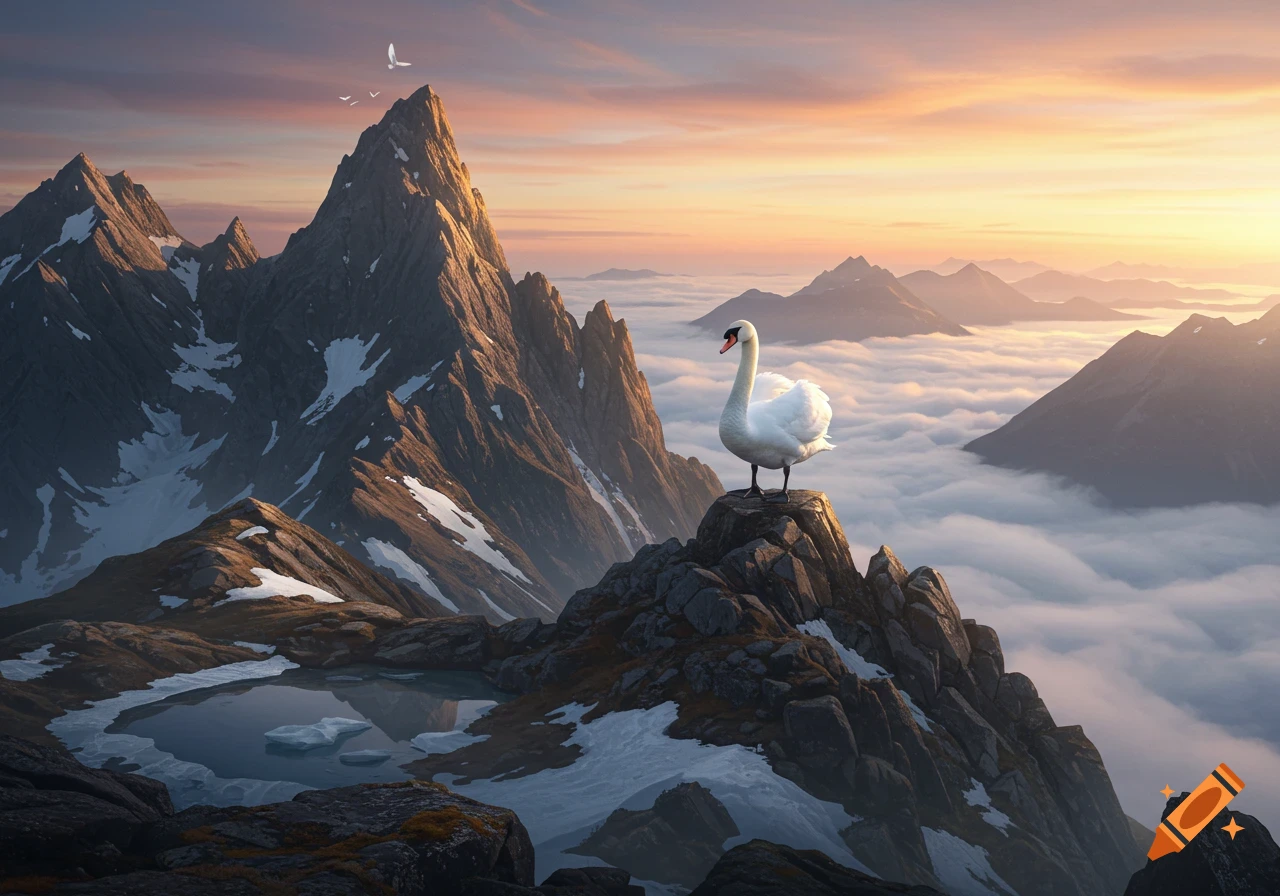 A white swan stands atop a snow-capped mountain peak, overlooking a vast valley filled with clouds at sunset.