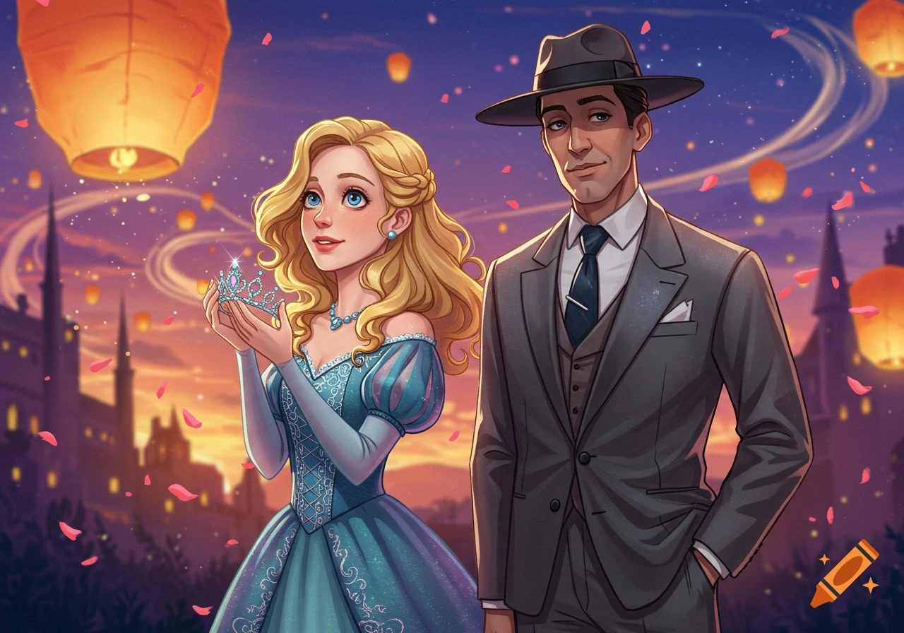 Cartoon illustration of a princess in a blue dress with a tiara and a man in a suit, under a sky with lanterns.