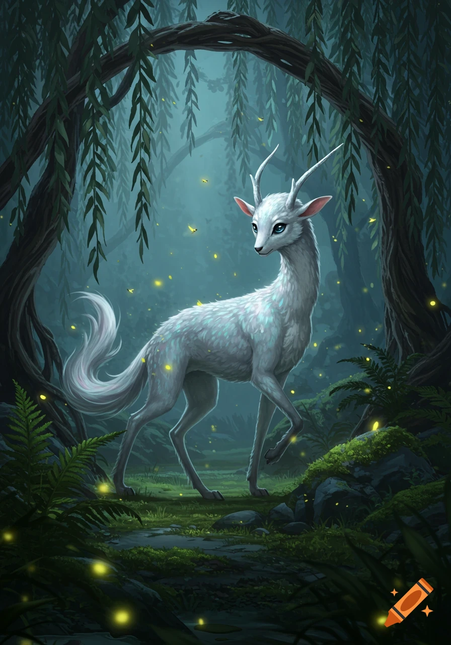A white, deer-like fantasy creature with small antlers stands in a mystical dark forest with glowing fireflies. Digital painting.