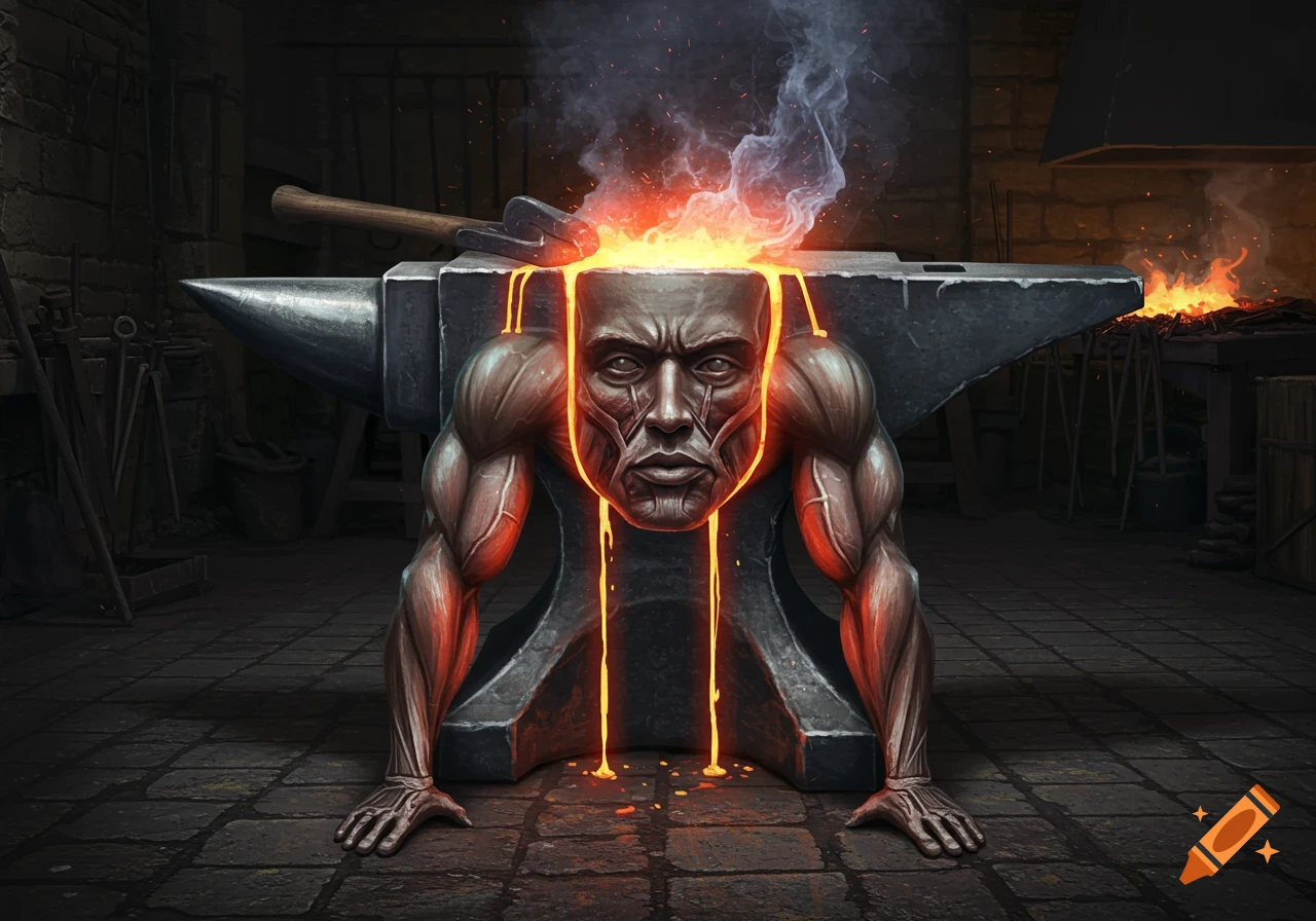 An anvil with a human face, arms, and hands, molten metal flowing from its head in a dark forge, surreal art.