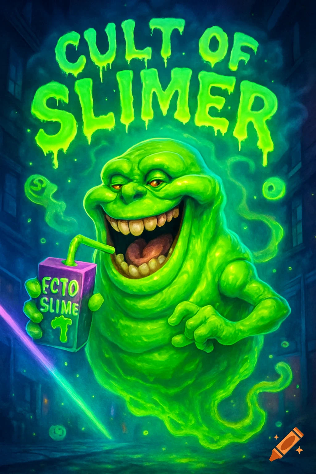 A vibrant illustration of Slimer happily drinking 'ECTO SLIME' from a juice box, with 'CULT OF SLIMER' text above.