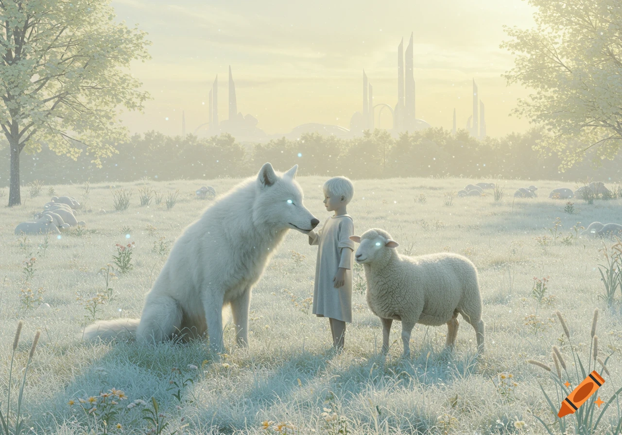 Photorealistic child, white wolf, and lamb with glowing eyes in a frosty field, a futuristic city in the misty background.