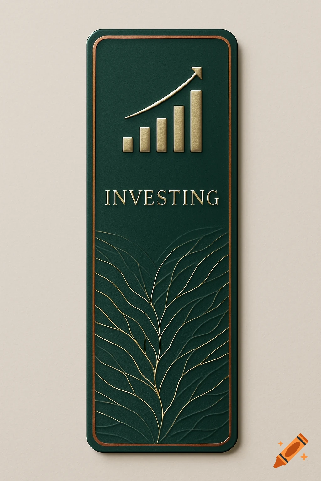 Dark green vertical bookmark with golden rising bar graph, 'INVESTING' text, and stylized plant pattern.
