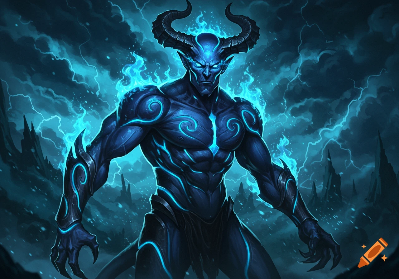 A powerful blue demon with glowing patterns and horns stands amidst a stormy, lightning-filled sky.